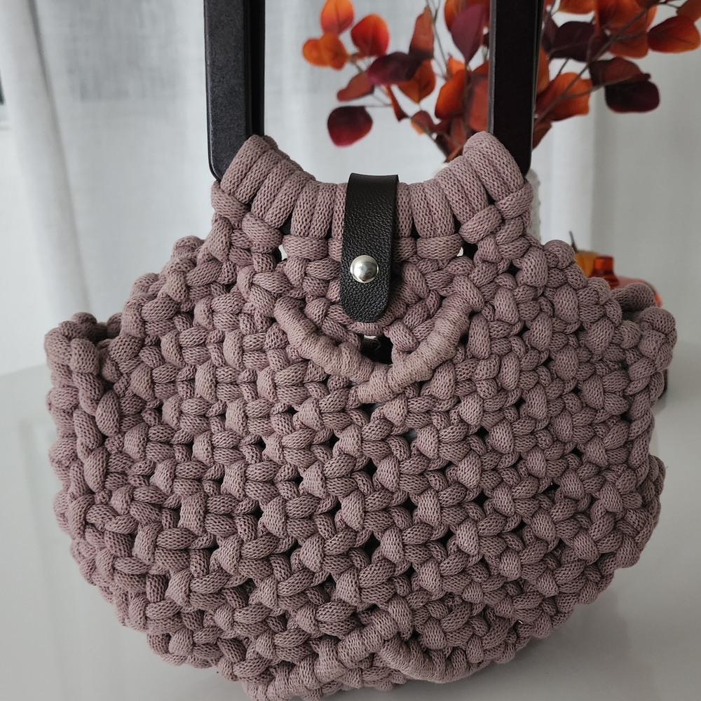 ✨ Handmade Macramé Handbag – Purple with Butterfly Lining & Wooden Handles